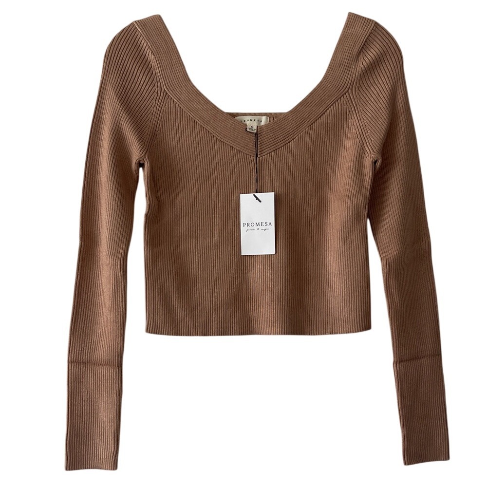 Promesa‎ Brown Ribbed Scoop-Neck Long Sleeve Sweater Medium NWT
